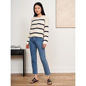 LA LIGNE Womens XL Texture Mix Stripe Cotton/Cashmere Sweater Cream/Navy Blue